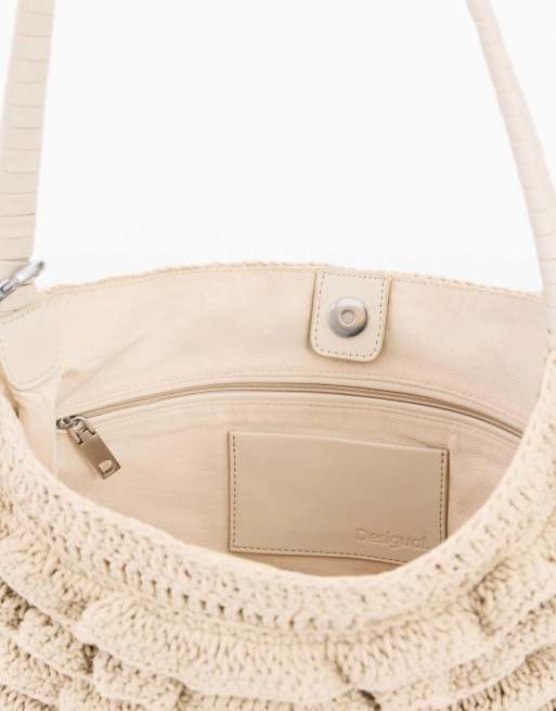 Desigual - Bolso grande beis con diseño floral de croché, 3 de 4
