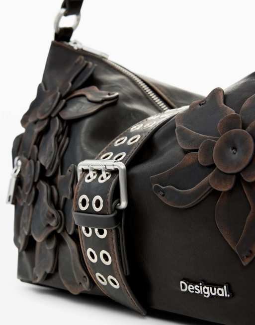 Desigual - Bolso mediano marrón con aplicaciones florales, 4 de 4