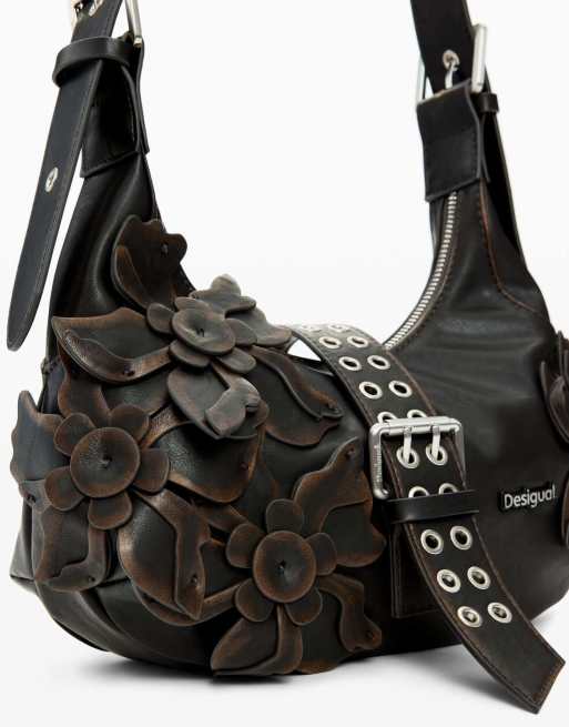 Desigual - Bolso pequeño marrón con aplicaciones florales, 4 de 4