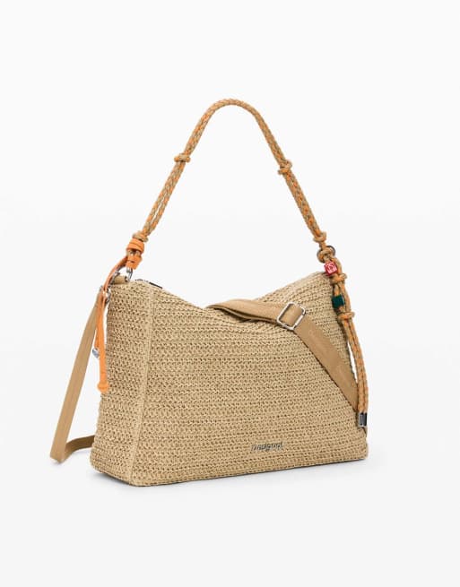 Desigual - Borsa grande beige in rafia con charms, 2 di 4