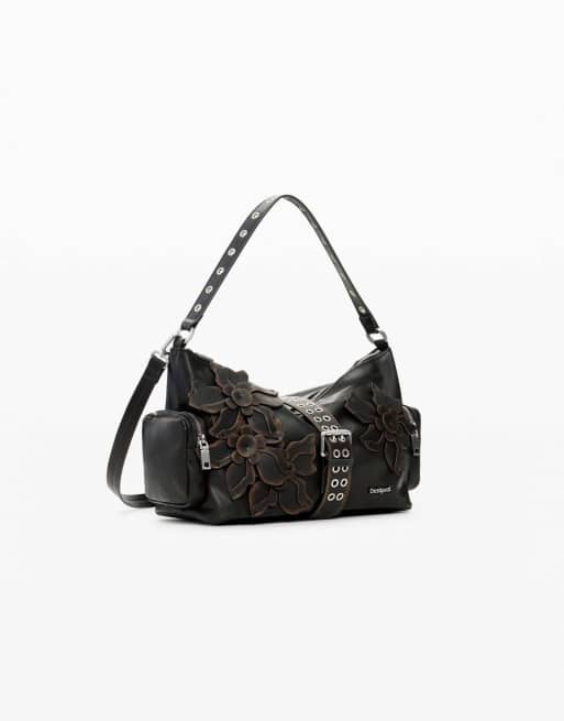 Desigual - Borsa media marrone con fiori applicati, 2 di 4