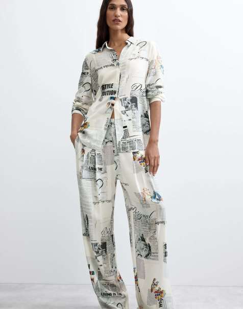 Desigual broek met wijde pijpen en print in wit - view 1