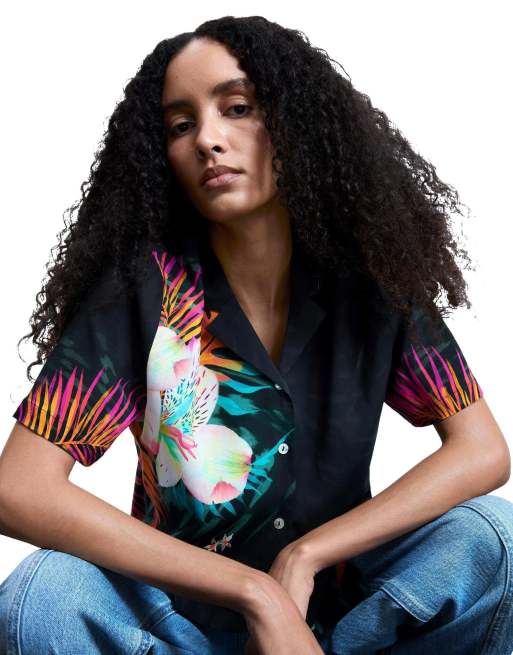Desigual - Camisa negra con estampado tropical, 3 de 4