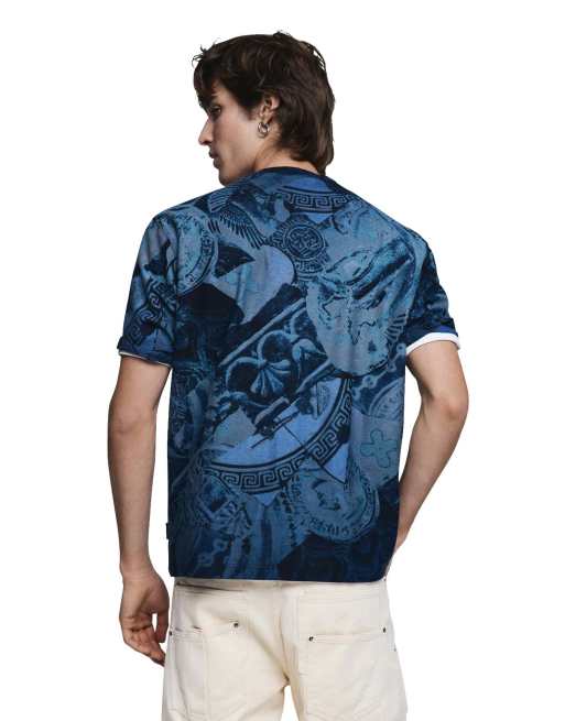 Desigual - Camiseta azul de manga corta con estampado de mosaico, 3 de 4