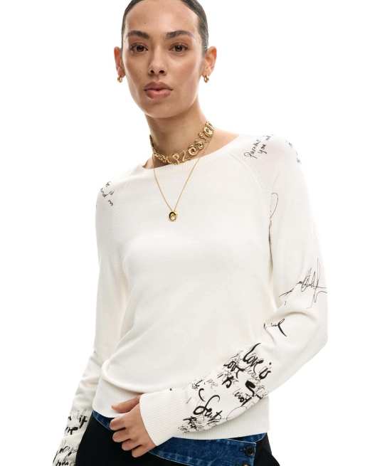 Desigual - Camiseta blanca con estampado de letras en las mangas de punto, 3 de 4