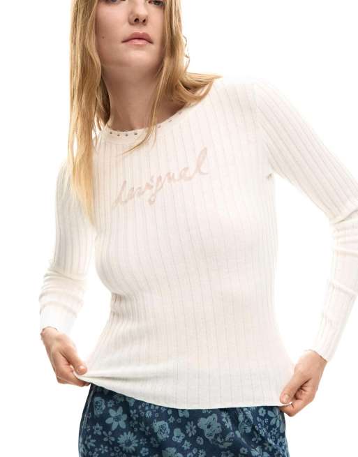 Desigual - Camiseta blanca con logo de canalé, 3 de 4