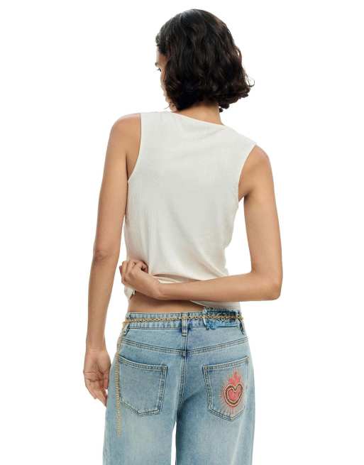 Desigual - Camiseta blanca drapeada sin mangas, 2 de 4