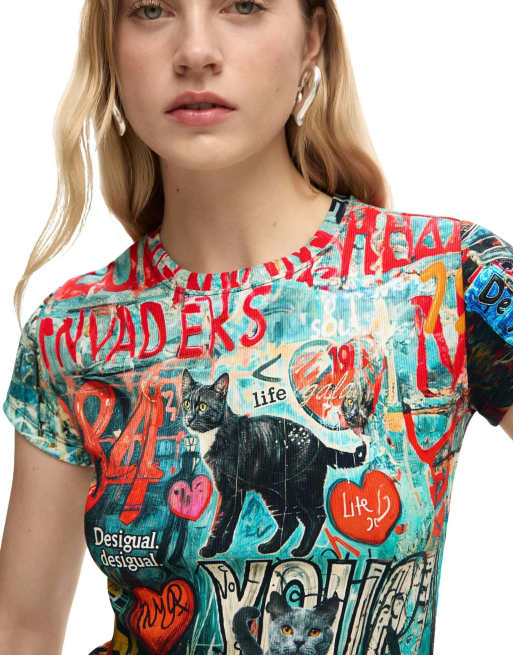 Desigual - Camiseta roja con estampado de gato, 3 de 4