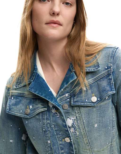 Desigual - Chaqueta azul estilo camionero con bordados, 3 de 4