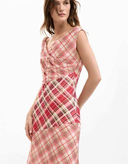Desigual Checked plaid strap dress in red, 3 of 4