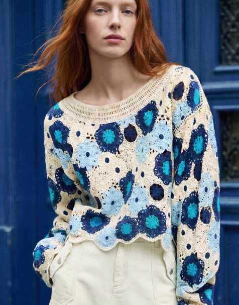 Desigual Crochet sweater with flowers in blue - view 1