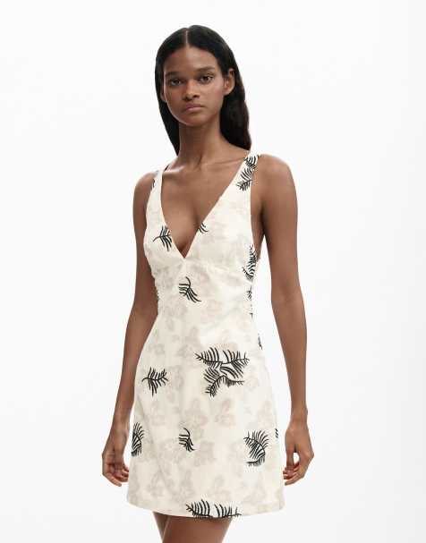 Desigual Embroidered strap dress with branches in white - view 1