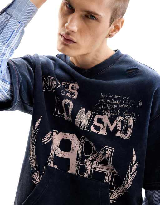Desigual - Felpa a maniche lunghe blu con stampa, 3 di 4