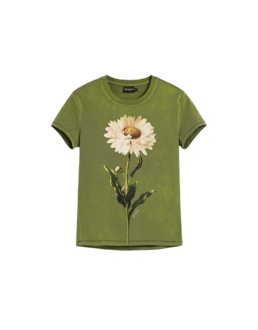 Desigual – Figurbetontes T-Shirt in Grün mit Gänseblümchen-Print, 4 von 4