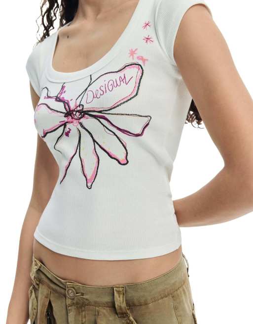 Desigual – Figurbetontes T-Shirt in Weiß mit Blumen-Print, 3 von 4