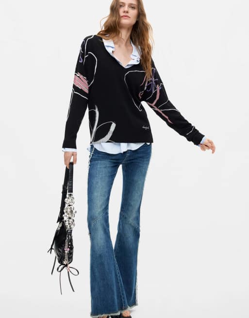 Desigual fijngebreide sweater met print in zwart, 3 van 3