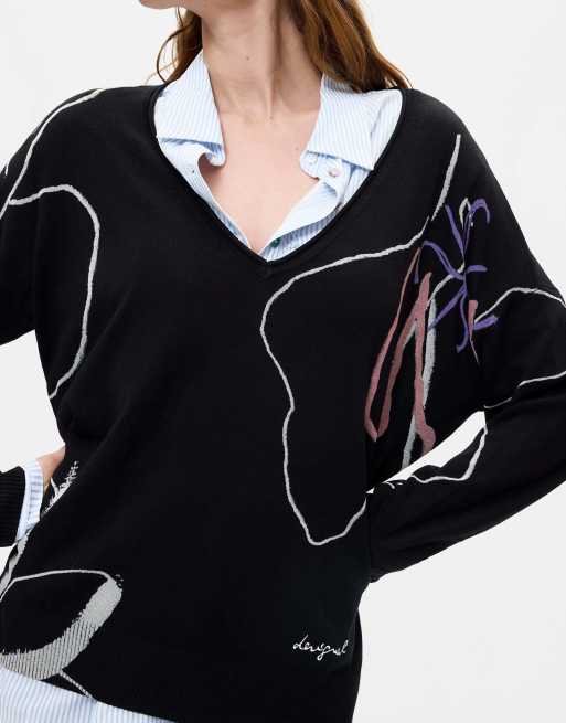 Desigual Fine knit printed sweater in black, 2 of 3