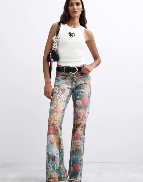 Desigual - Flared jeans met print in blauw - view 1