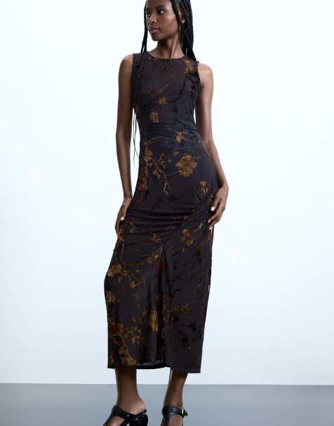 Desigual Flocked midi dress in brown - view 1