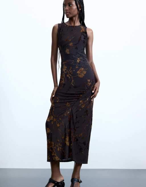 Desigual Flocked midi dress in brown, 3 of 4