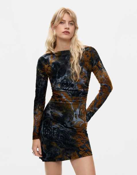 Desigual Flocked short dress in navy and brown