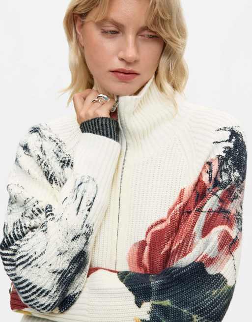 Desigual gebreid jack met bloemenprint in wit, 3 van 4