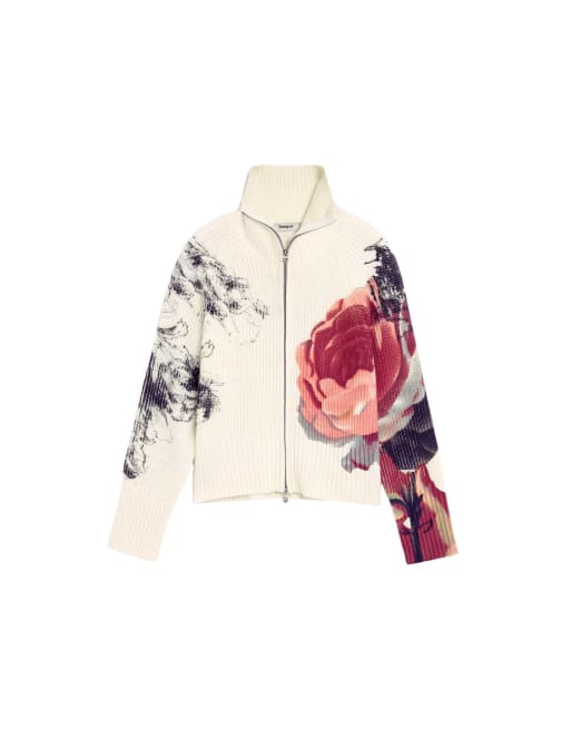 Desigual gebreid jack met bloemenprint in wit, 4 van 4