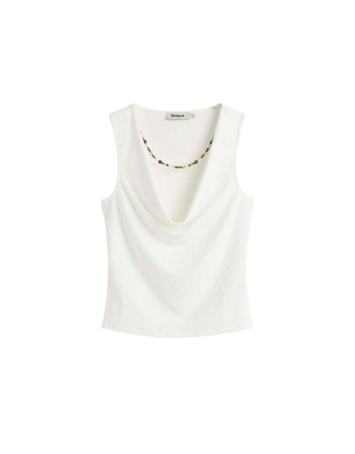 Desigual - Gedrapeerd mouwloos T-shirt in wit, 4 van 4