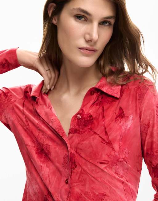 Desigual - Geflockt T-shirt met knopen in roze, 3 van 4