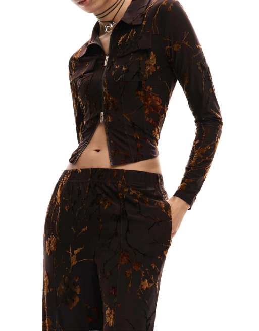 Desigual - Geflockt T-shirt met rits in bruin, 3 van 4