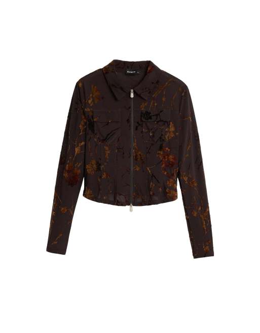 Desigual - Geflockt T-shirt met rits in bruin, 4 van 4