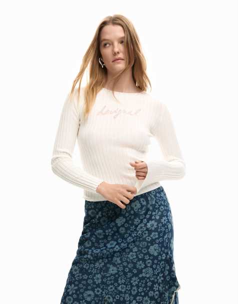 Desigual – Geripptes T-Shirt in Weiß mit Logo - view 1