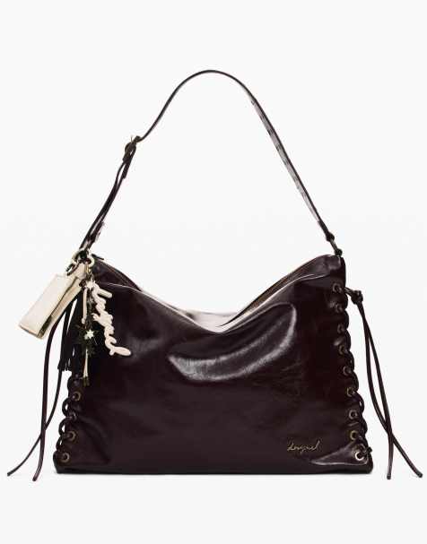 Desigual – Große, glänzende Tasche in Braun mit Flechtdetail - view 1