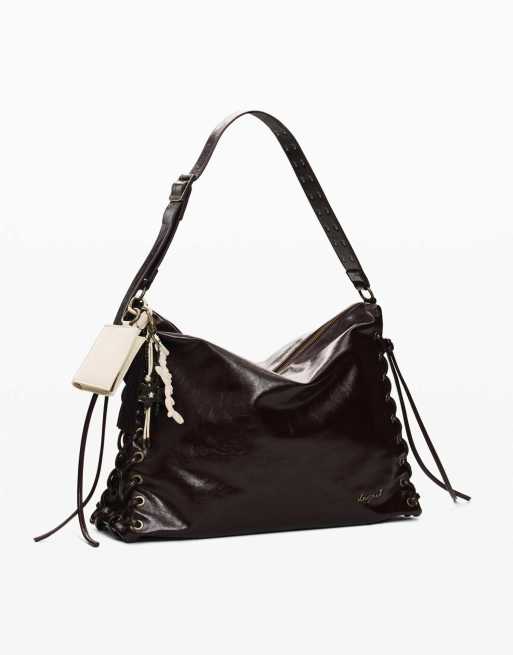 Desigual – Große, glänzende Tasche in Braun mit Flechtdetail, 2 von 4
