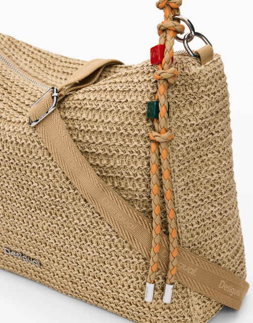 Desigual - Grote tas van raffia met hangertjes in beige, 4 van 4