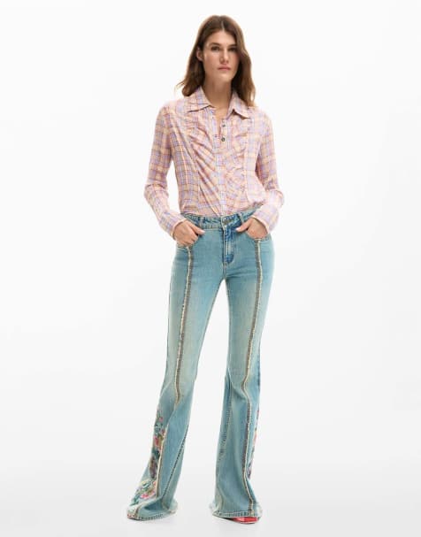 Desigual - Jean avec surpiqûres fleuries - Bleu - view 1