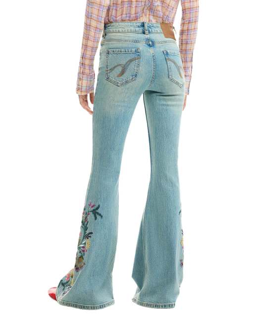 Desigual - Jean avec surpiqûres fleuries - Bleu, 2 de 4