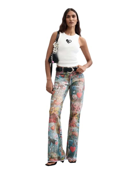 Desigual - Jean évasé à imprimé - Bleu - view 1