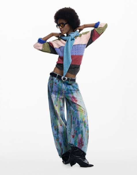 Desigual - Jeans a fondo ampio blu con schizzi - view 1