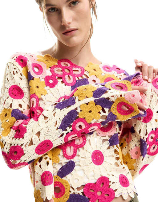 Desigual - Jersey blanco con patrón multicolor de croché, 3 de 4