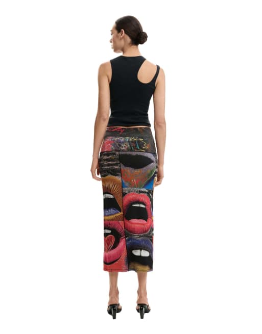 Desigual - Jupe à imprimé lèvres - Noir, 2 de 4