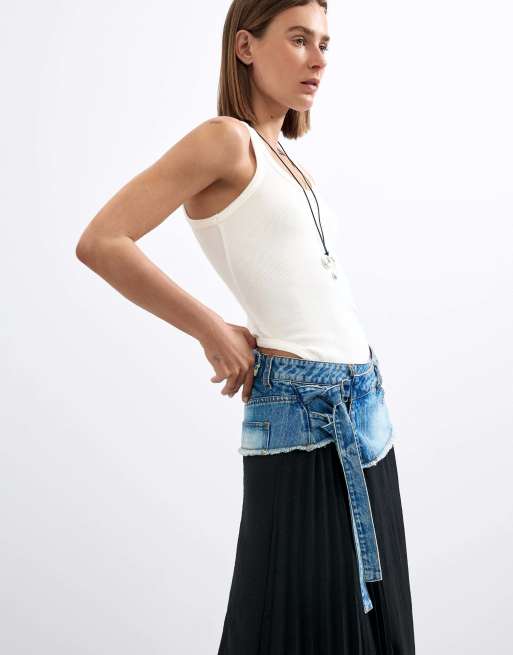 Desigual jupe longue plissée en jean bleue, 3 de 4