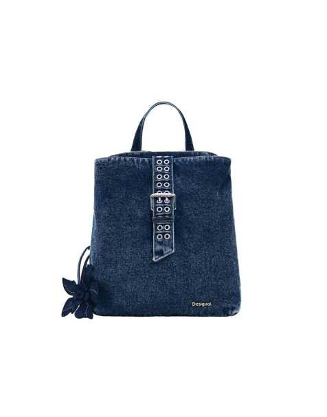 Desigual - Kleine denim rugzak met bloemhangertje in blauw - view 1