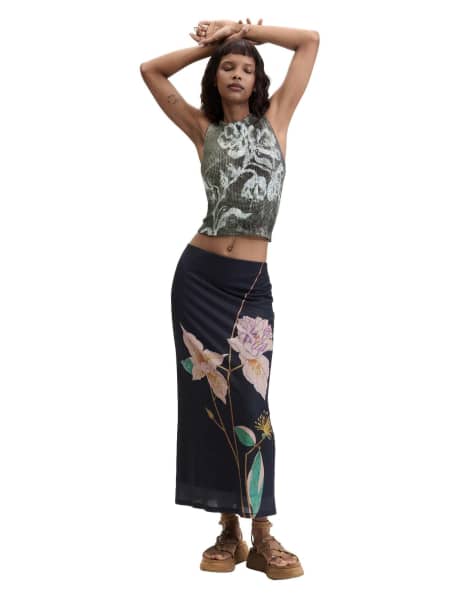 Desigual - Lange rok met print in zwart - view 1