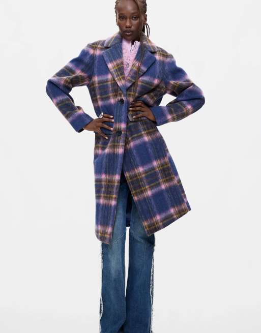 Desigual Long checked coat with wool in blue, 4 of 4