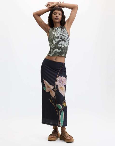 Desigual Long printed skirt in black - view 1