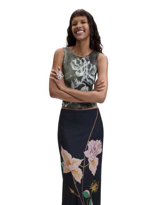 Desigual Long printed skirt in black, 3 of 4