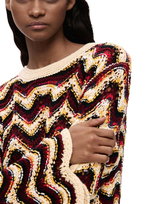 Desigual - Maglione all'uncinetto multicolore a zig-zag, 3 di 4