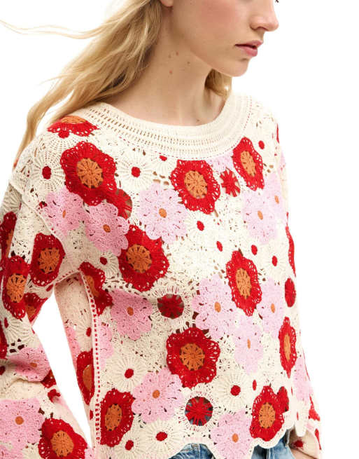 Desigual - Maglione bianco a fiori all'uncinetto, 3 di 4