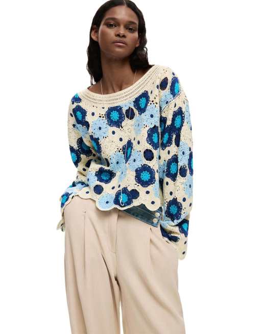 Desigual - Maglione blu all'uncinetto con fiori, 3 di 4